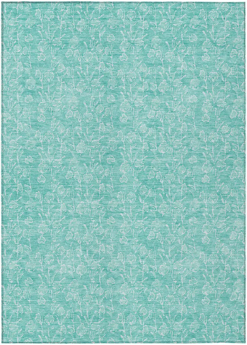 Teal Blue And Ivory Floral Washable Indoor Outdoor Area Rug Photo 2