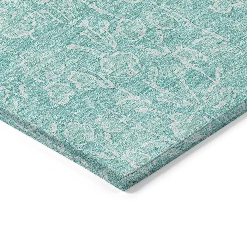 Teal Blue And Ivory Floral Washable Indoor Outdoor Area Rug Photo 4