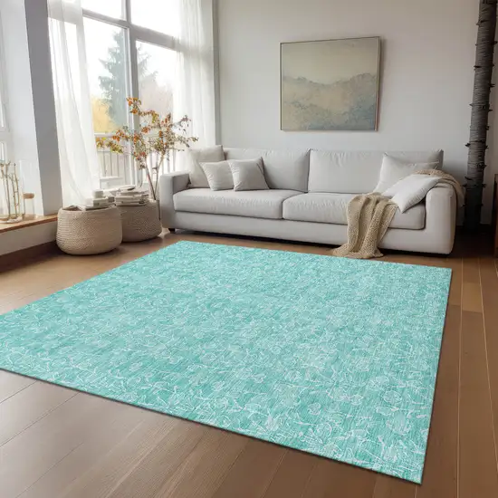 Teal Blue And Ivory Floral Washable Indoor Outdoor Area Rug Photo 9