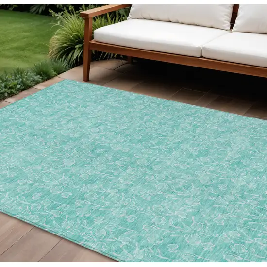 Teal Blue And Ivory Floral Washable Indoor Outdoor Area Rug Photo 1