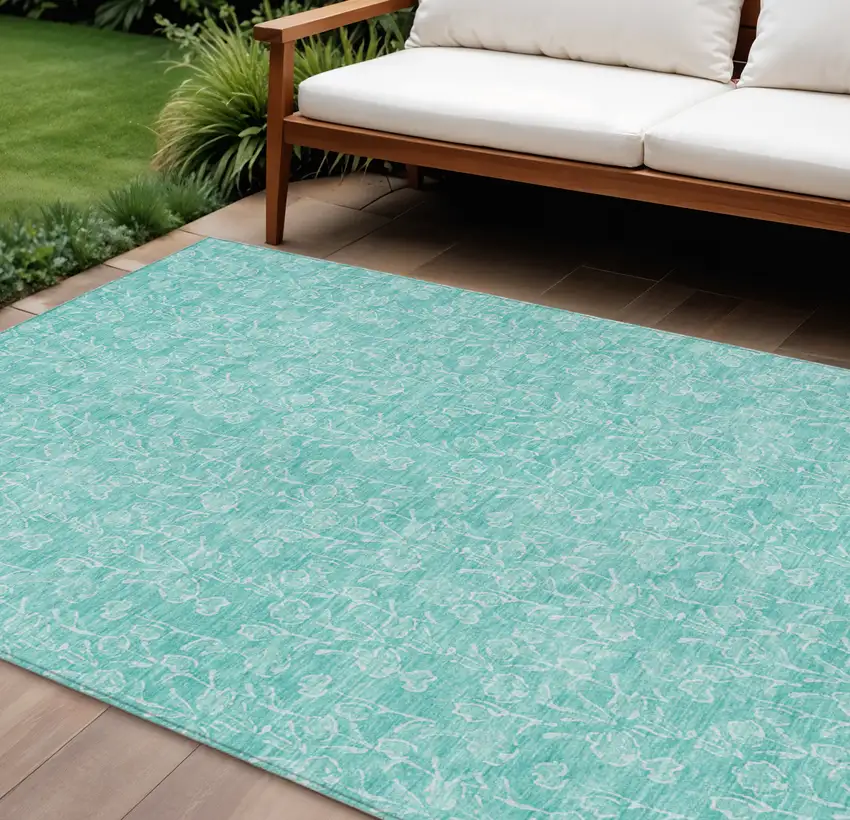 Teal Blue And Ivory Floral Washable Indoor Outdoor Area Rug Photo 1