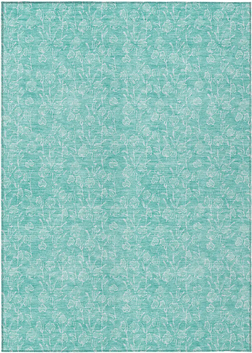 Teal Blue And Ivory Floral Washable Indoor Outdoor Area Rug Photo 2