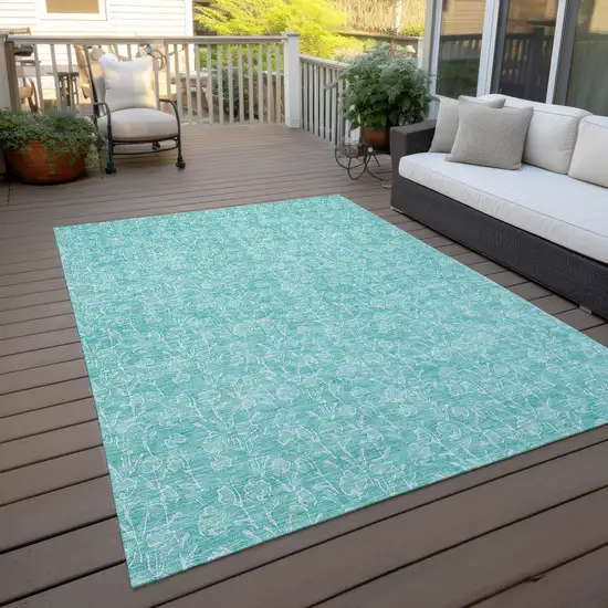 Teal Blue And Ivory Floral Washable Indoor Outdoor Area Rug Photo 7