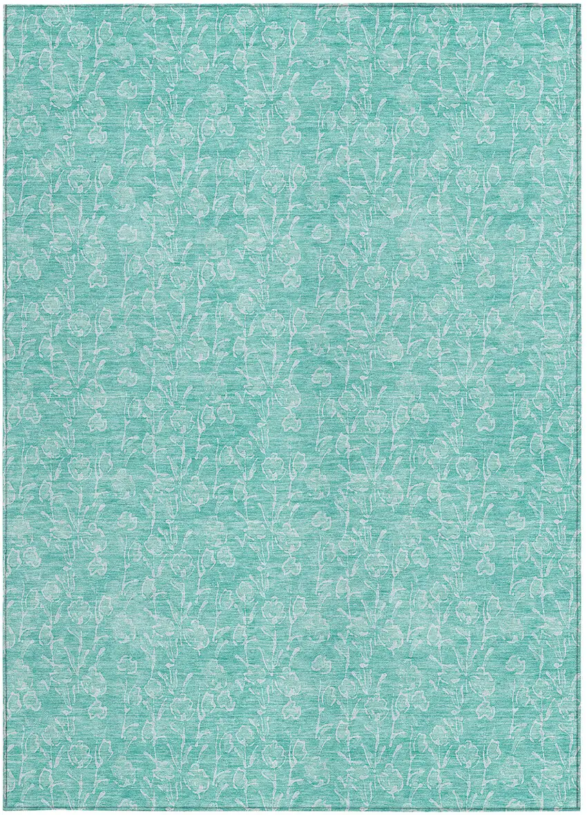 Teal Blue And Ivory Floral Washable Indoor Outdoor Area Rug Photo 6