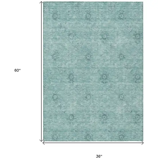 Teal Blue And Ivory Floral Washable Indoor Outdoor Area Rug Photo 6