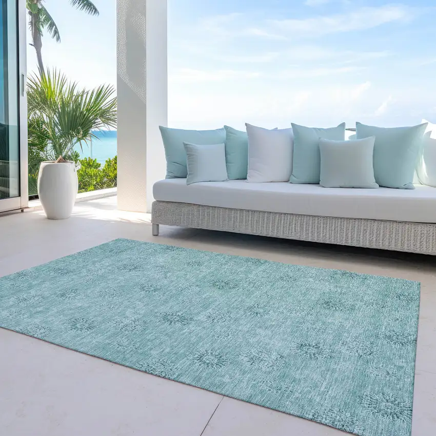 Teal Blue And Ivory Floral Washable Indoor Outdoor Area Rug Photo 6