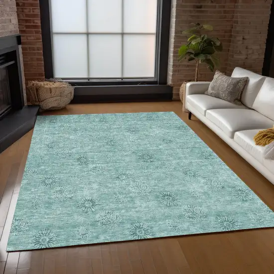 Teal Blue And Ivory Floral Washable Indoor Outdoor Area Rug Photo 8