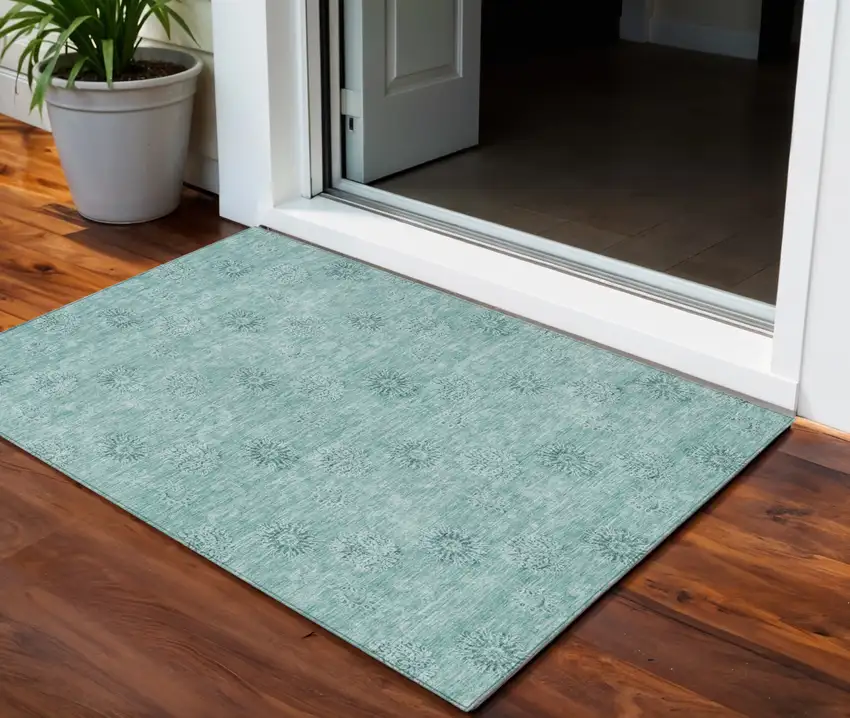 Teal Blue And Ivory Floral Washable Indoor Outdoor Area Rug Photo 1