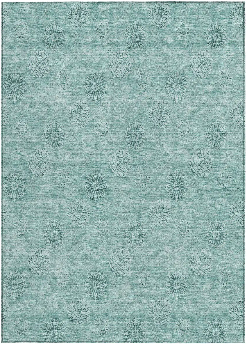 Teal Blue And Ivory Floral Washable Indoor Outdoor Area Rug Photo 5