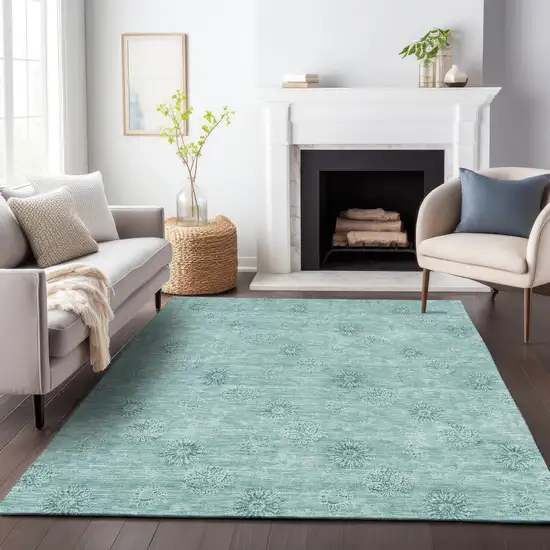 Teal Blue And Ivory Floral Washable Indoor Outdoor Area Rug Photo 7