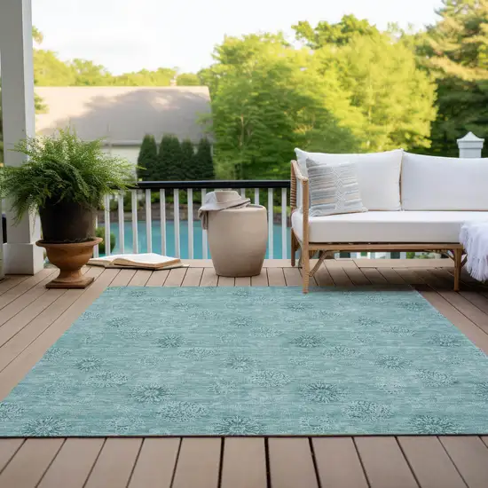 Teal Blue And Ivory Floral Washable Indoor Outdoor Area Rug Photo 9