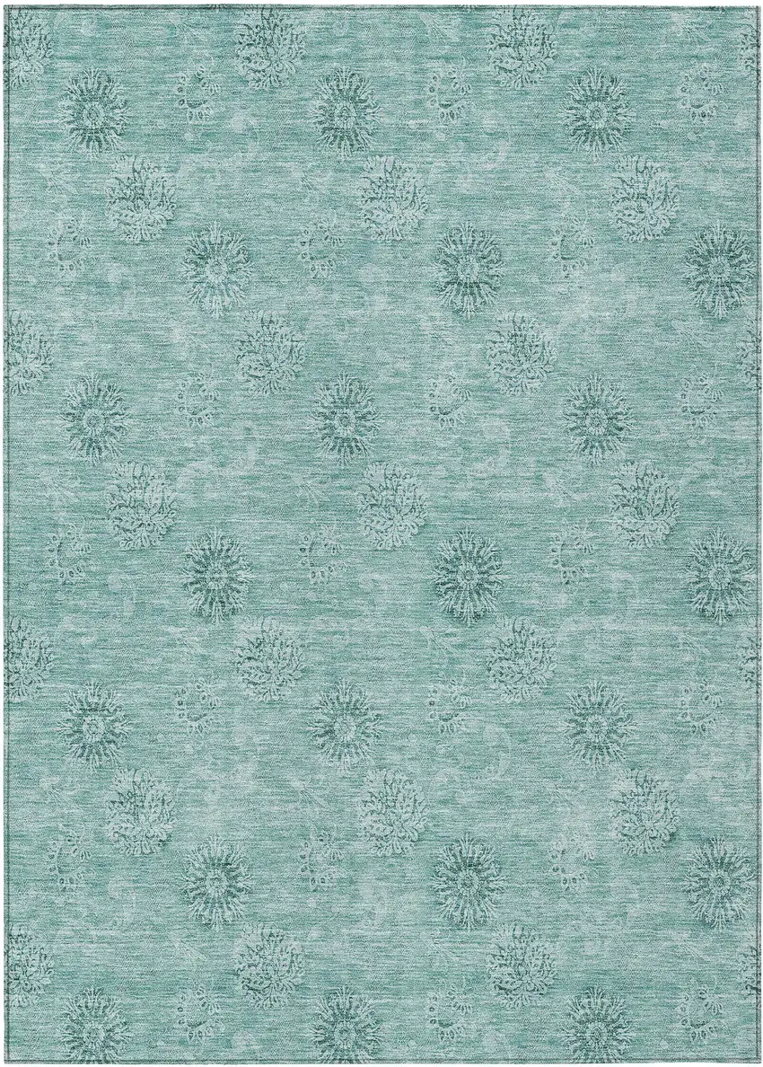 Teal Blue And Ivory Floral Washable Indoor Outdoor Area Rug Photo 2