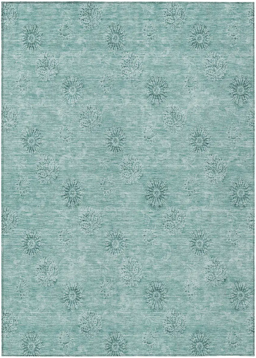 Teal Blue And Ivory Floral Washable Indoor Outdoor Area Rug Photo 2