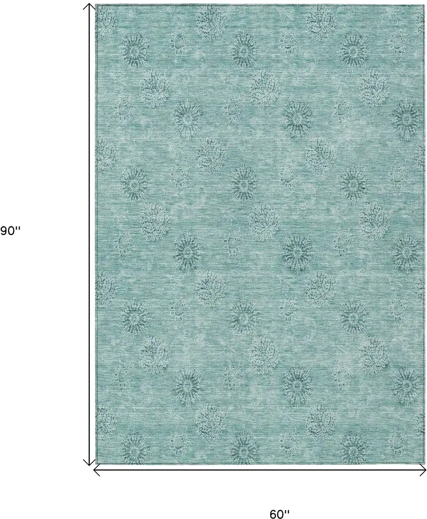 Teal Blue And Ivory Floral Washable Indoor Outdoor Area Rug Photo 3