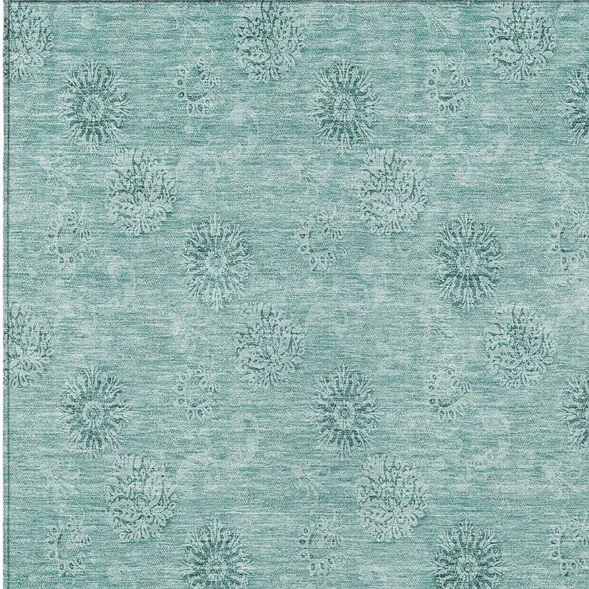 Teal Blue And Ivory Floral Washable Indoor Outdoor Area Rug Photo 6