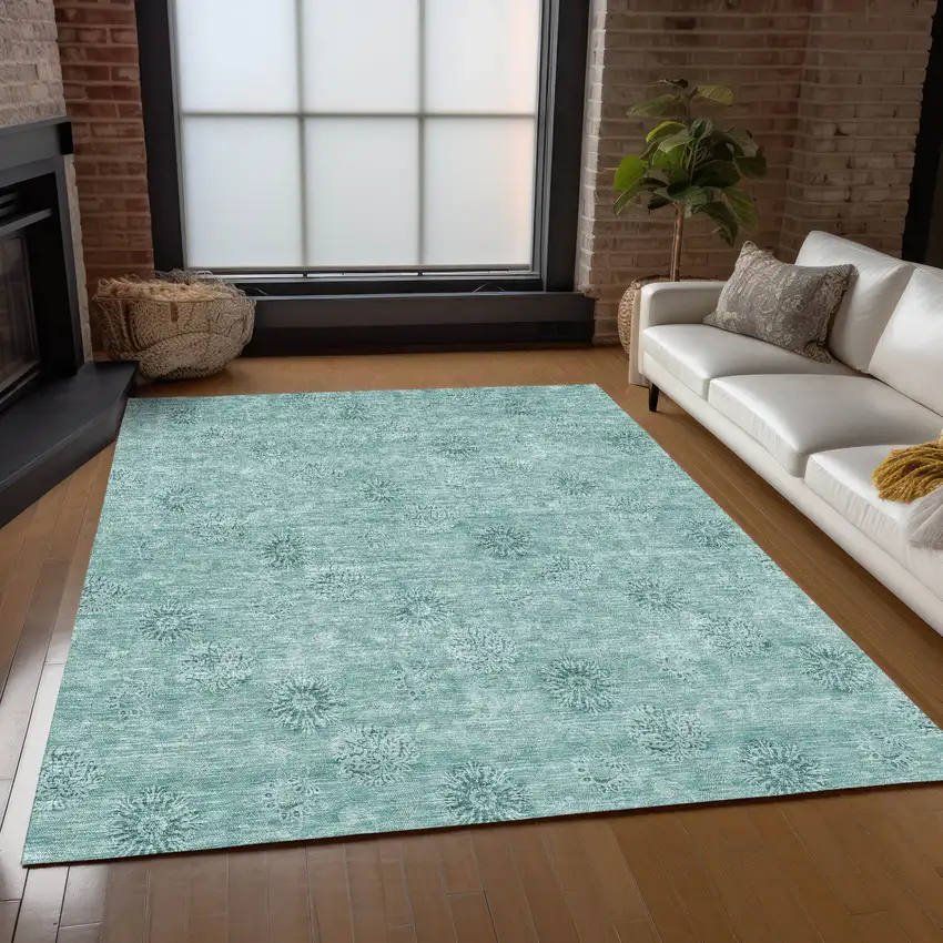 Teal Blue And Ivory Floral Washable Indoor Outdoor Area Rug Photo 9