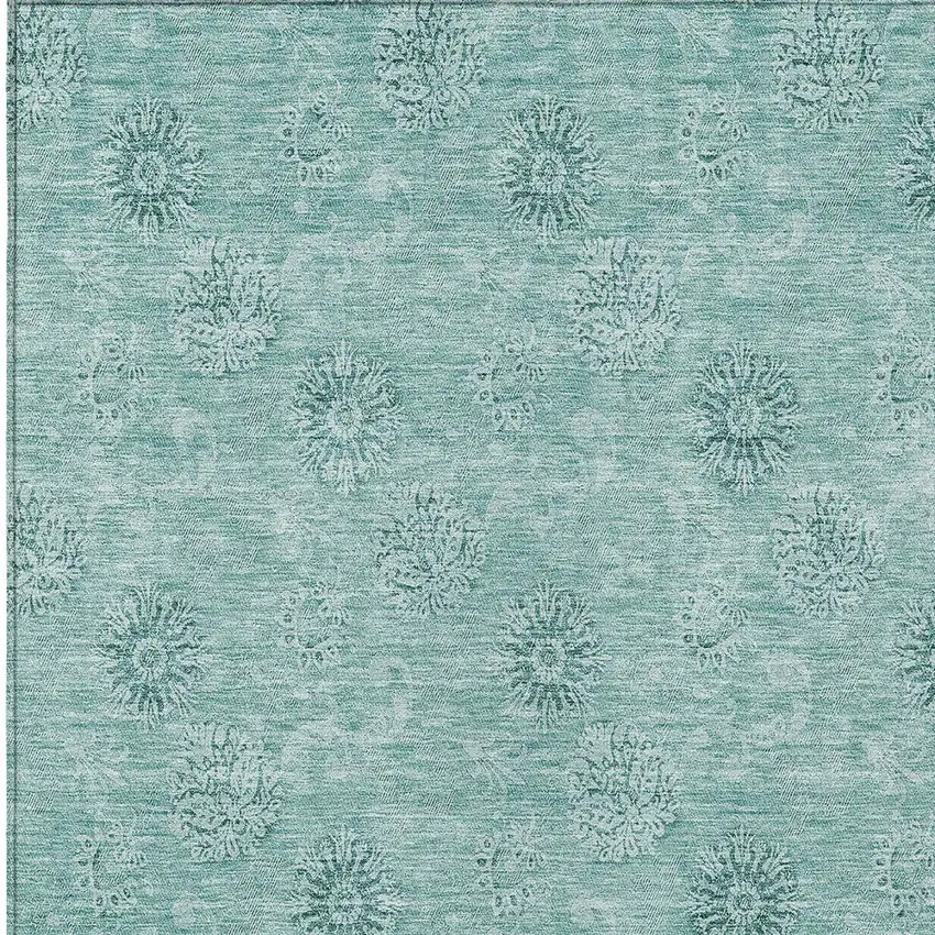 Teal Blue And Ivory Floral Washable Indoor Outdoor Area Rug Photo 6