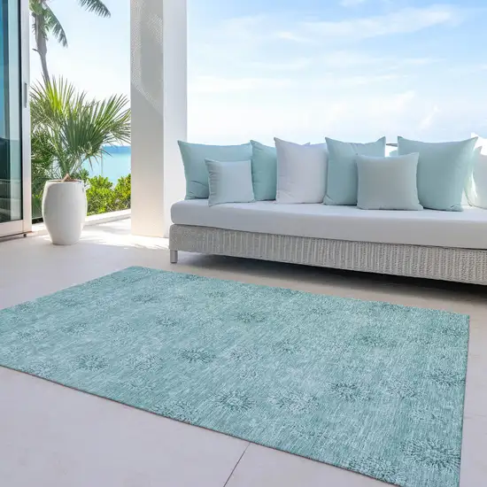 Teal Blue And Ivory Floral Washable Indoor Outdoor Area Rug Photo 8