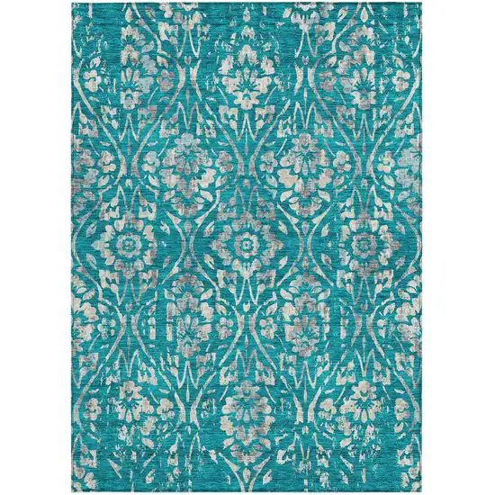 Teal Blue And Ivory Floral Washable Indoor Outdoor Area Rug Photo 7