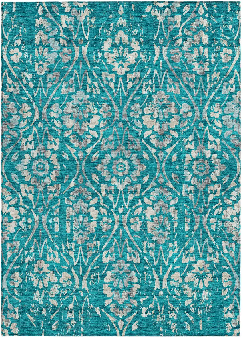 Teal Blue And Ivory Floral Washable Indoor Outdoor Area Rug Photo 7