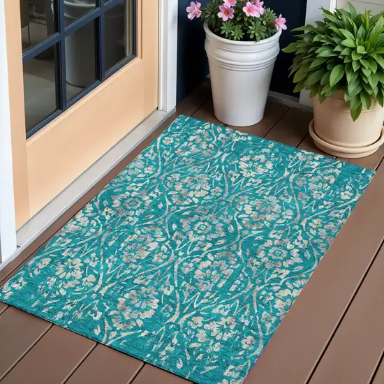 Teal Blue And Ivory Floral Washable Indoor Outdoor Area Rug Photo 1