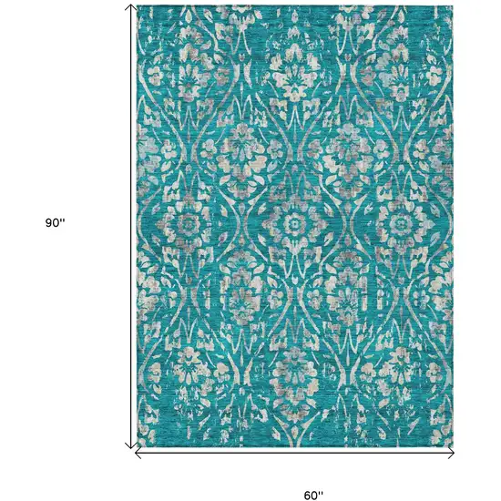 Teal Blue And Ivory Floral Washable Indoor Outdoor Area Rug Photo 3