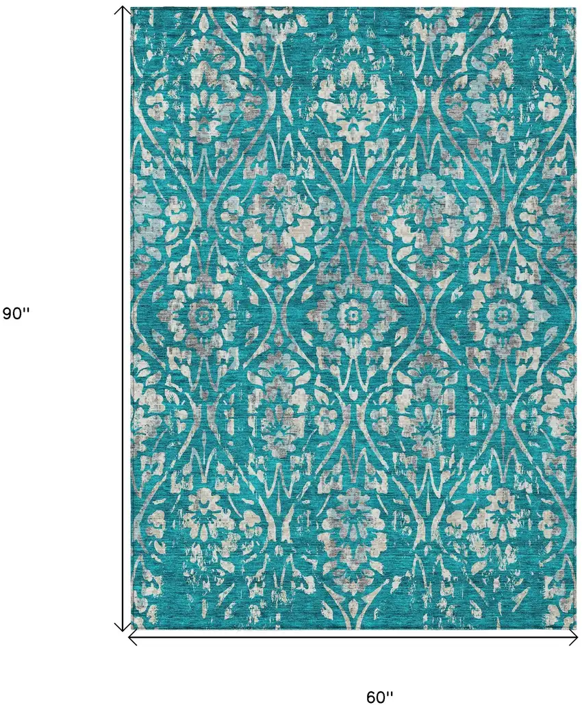 Teal Blue And Ivory Floral Washable Indoor Outdoor Area Rug Photo 3