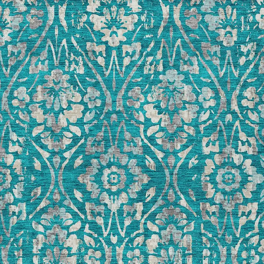 Teal Blue And Ivory Floral Washable Indoor Outdoor Area Rug Photo 6