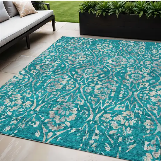 Teal Blue And Ivory Floral Washable Indoor Outdoor Area Rug Photo 1