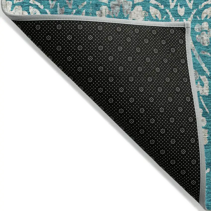 Teal Blue And Ivory Floral Washable Indoor Outdoor Area Rug Photo 4
