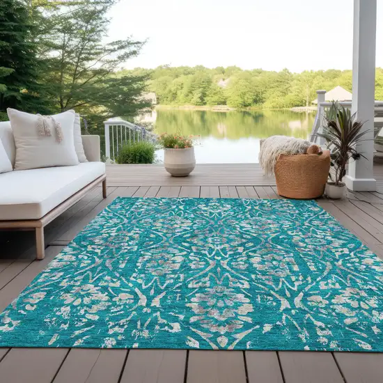 Teal Blue And Ivory Floral Washable Indoor Outdoor Area Rug Photo 8