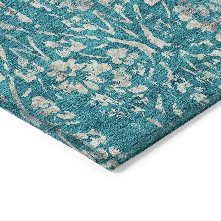 Teal Blue And Ivory Floral Washable Indoor Outdoor Area Rug Photo 5
