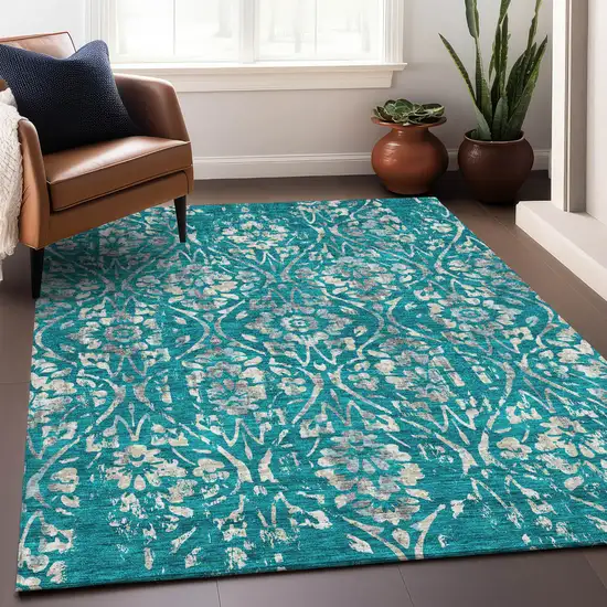 Teal Blue And Ivory Floral Washable Indoor Outdoor Area Rug Photo 9