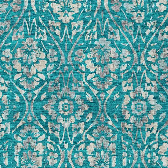 Teal Blue And Ivory Floral Washable Indoor Outdoor Area Rug Photo 6