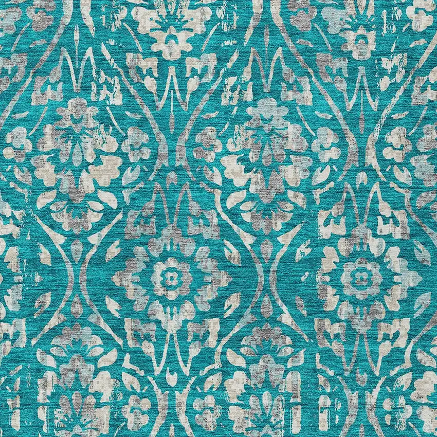 Teal Blue And Ivory Floral Washable Indoor Outdoor Area Rug Photo 6