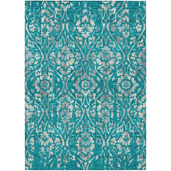 Teal Blue And Ivory Floral Washable Indoor Outdoor Area Rug Photo 2