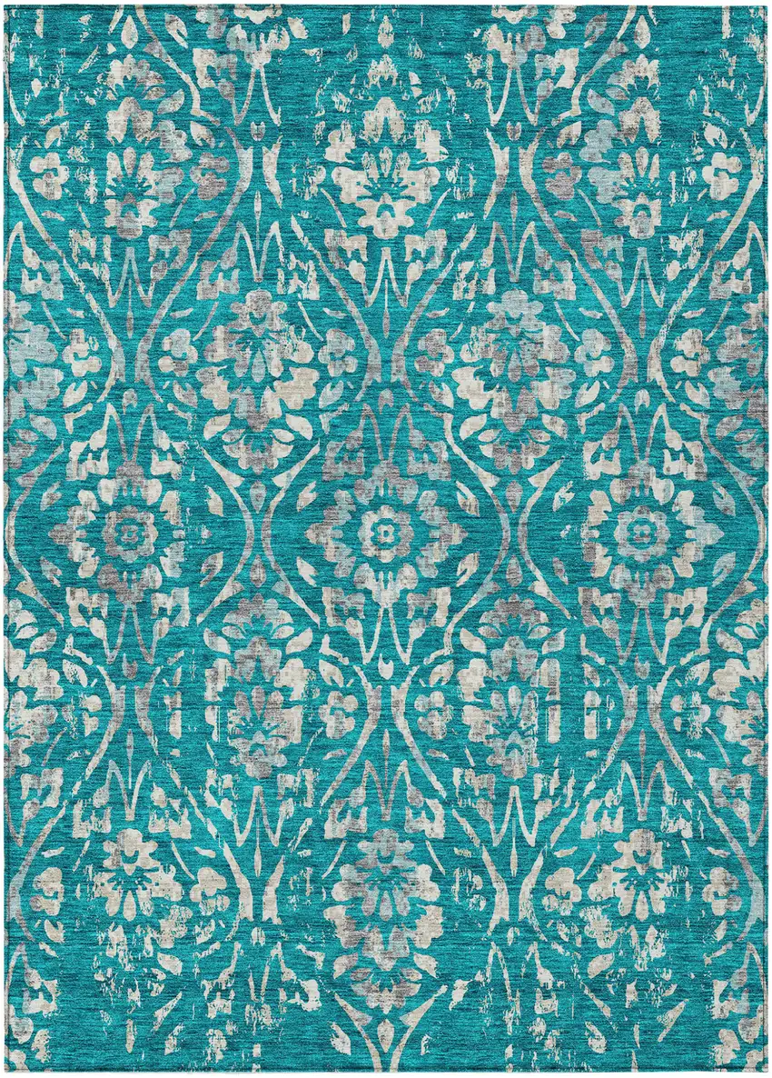 Teal Blue And Ivory Floral Washable Indoor Outdoor Area Rug Photo 2