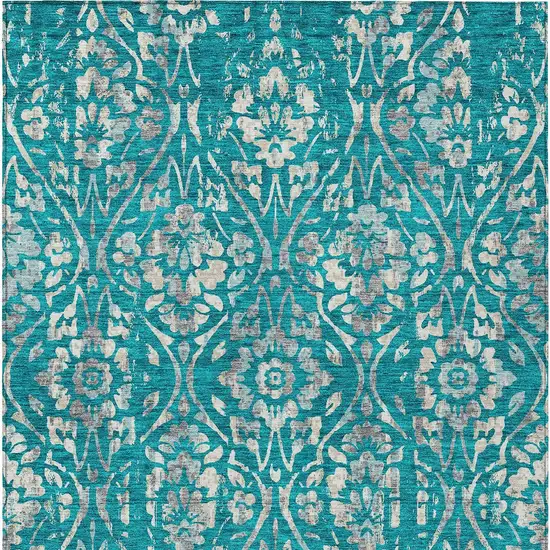 Teal Blue And Ivory Floral Washable Indoor Outdoor Area Rug Photo 7