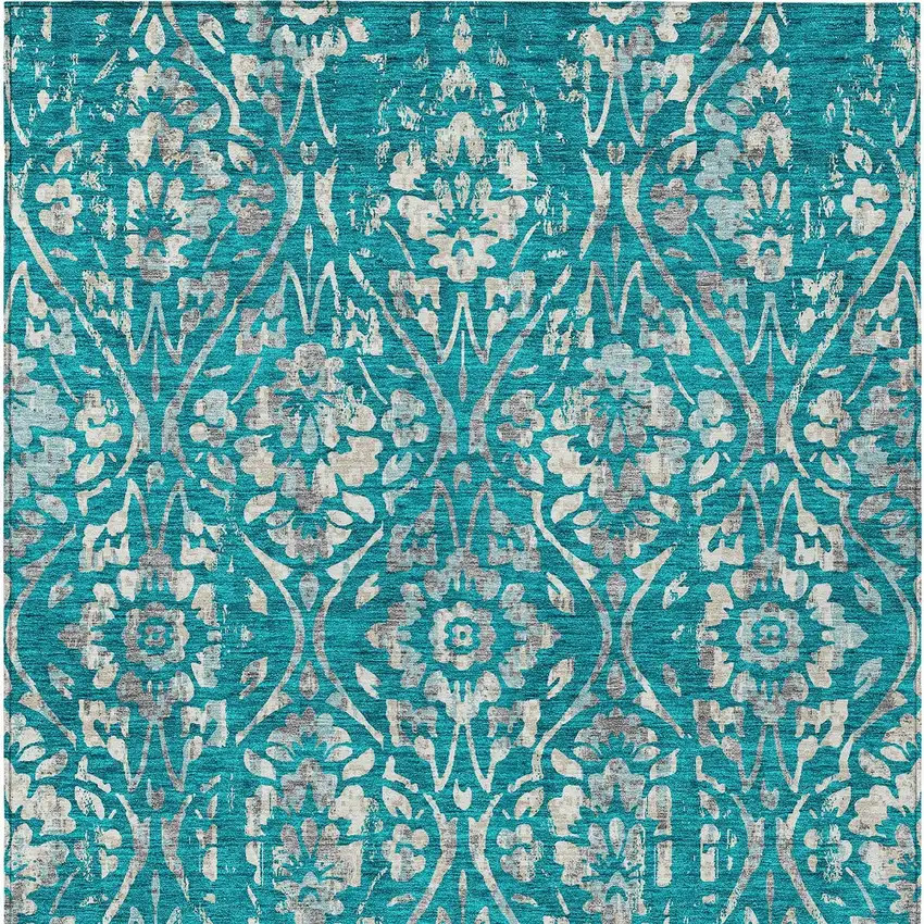 Teal Blue And Ivory Floral Washable Indoor Outdoor Area Rug Photo 7