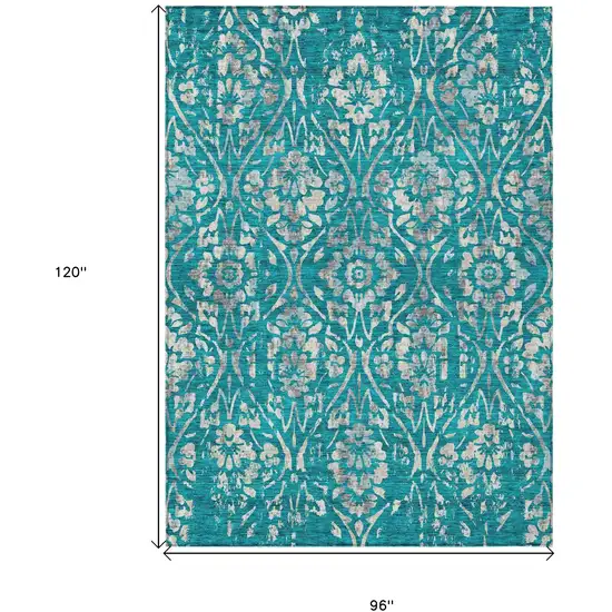 Teal Blue And Ivory Floral Washable Indoor Outdoor Area Rug Photo 3