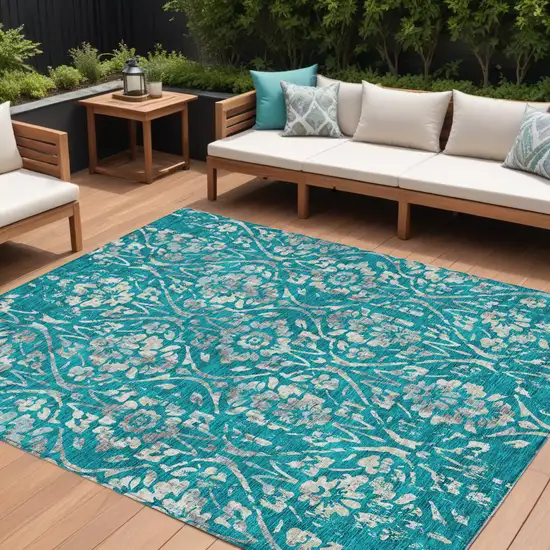 Teal Blue And Ivory Floral Washable Indoor Outdoor Area Rug Photo 1