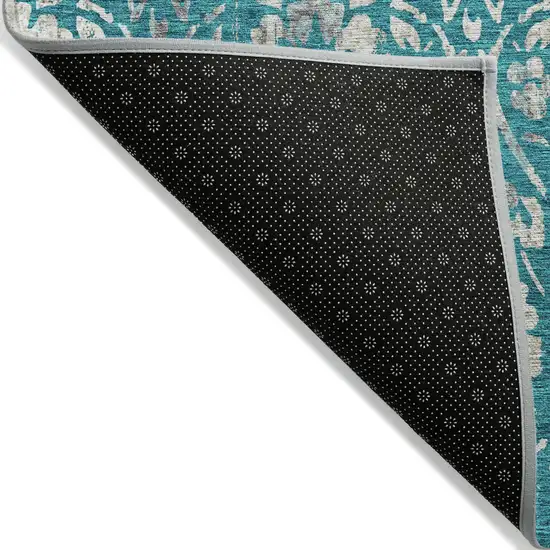 Teal Blue And Ivory Floral Washable Indoor Outdoor Area Rug Photo 4