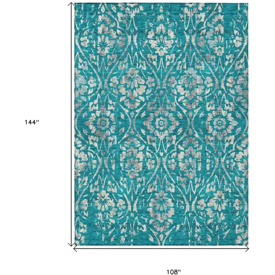 Teal Blue And Ivory Floral Washable Indoor Outdoor Area Rug Photo 3