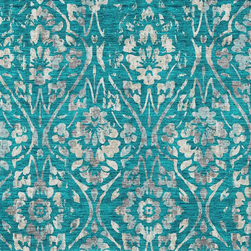 Teal Blue And Ivory Floral Washable Indoor Outdoor Area Rug Photo 6