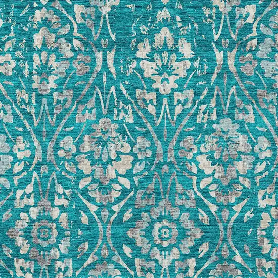 Teal Blue And Ivory Floral Washable Indoor Outdoor Area Rug Photo 6