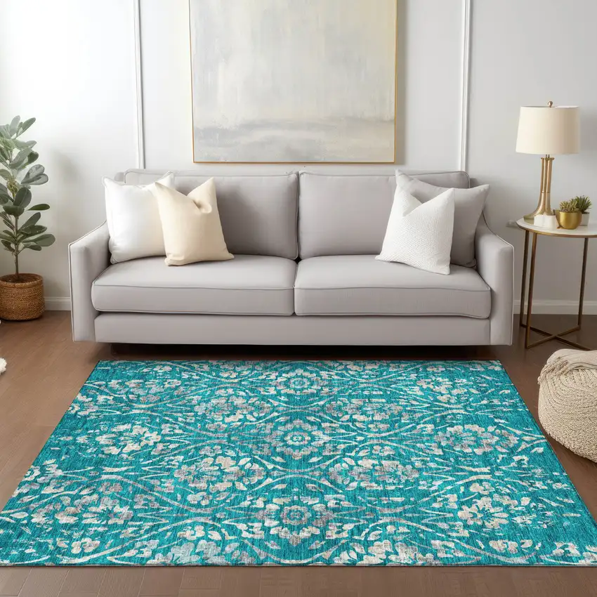 Teal Blue And Ivory Floral Washable Indoor Outdoor Area Rug Photo 9