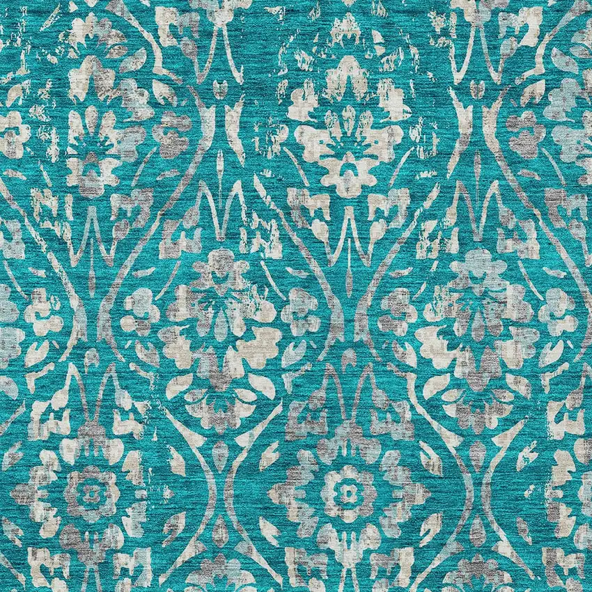 Teal Blue And Ivory Floral Washable Indoor Outdoor Area Rug Photo 6