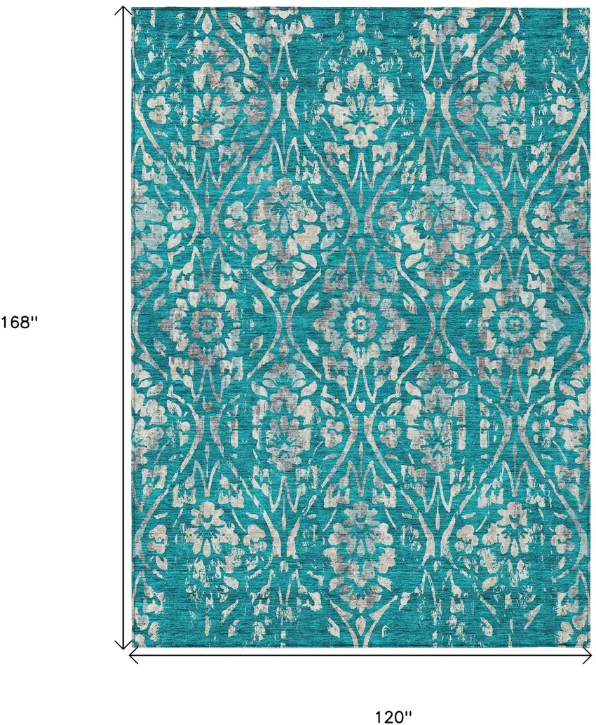 Teal Blue And Ivory Floral Washable Indoor Outdoor Area Rug Photo 3