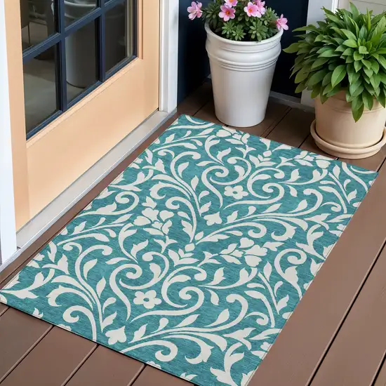 Teal Blue And Ivory Floral Washable Indoor Outdoor Area Rug Photo 1
