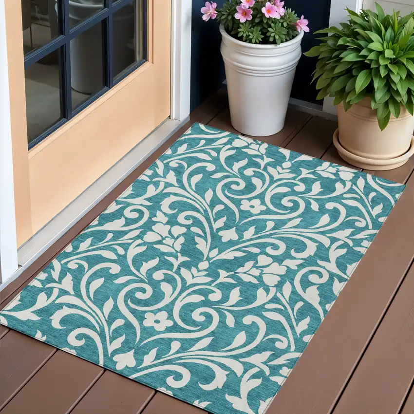 Teal Blue And Ivory Floral Washable Indoor Outdoor Area Rug Photo 1